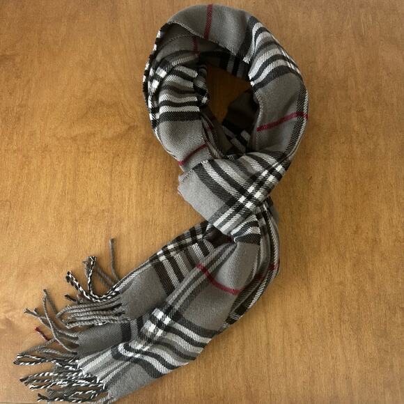 Grey Black Burgundy plaid acrylic soft & warm scarf 72"x12" tassel fringe Winter - Picture 1 of 5